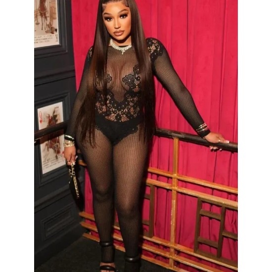 Women Crewneck Slim-Fit Sexy Long-Sleeved Lace Mesh see-through Fashion Jumpsuits