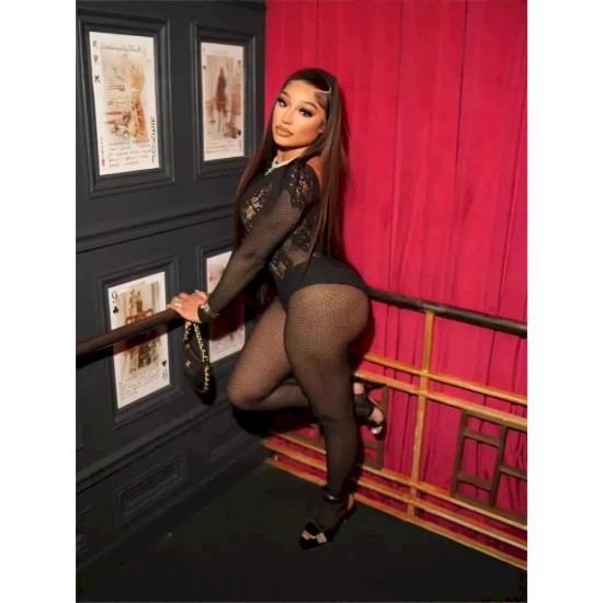 Women Crewneck Slim-Fit Sexy Long-Sleeved Lace Mesh see-through Fashion Jumpsuits