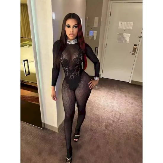 Women Crewneck Slim-Fit Sexy Long-Sleeved Lace Mesh see-through Fashion Jumpsuits