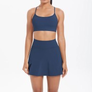 Women Fashion Casual Solid Color Backless Camisole Loose Skirts Yoga Sports Two-Piece Set