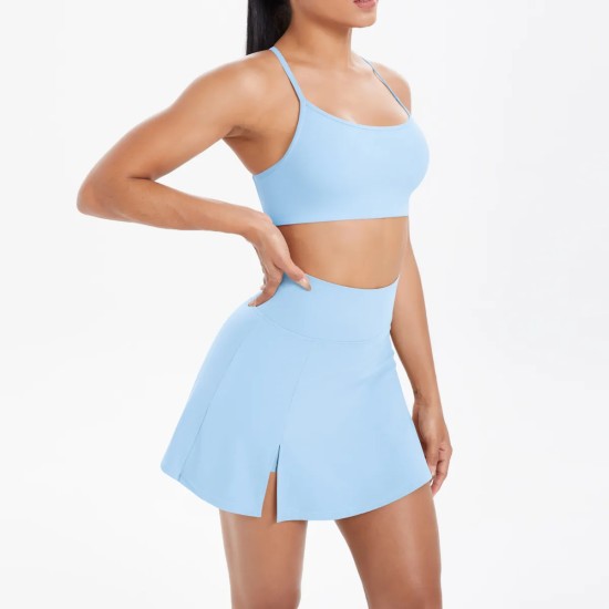 Women Fashion Casual Solid Color Backless Camisole Loose Skirts Yoga Sports Two-Piece Set