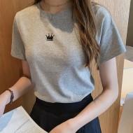 Women Fashion Casual Solid Color Embroidered Round Neck Short-Sleeve Slim-Fit T-Shirt