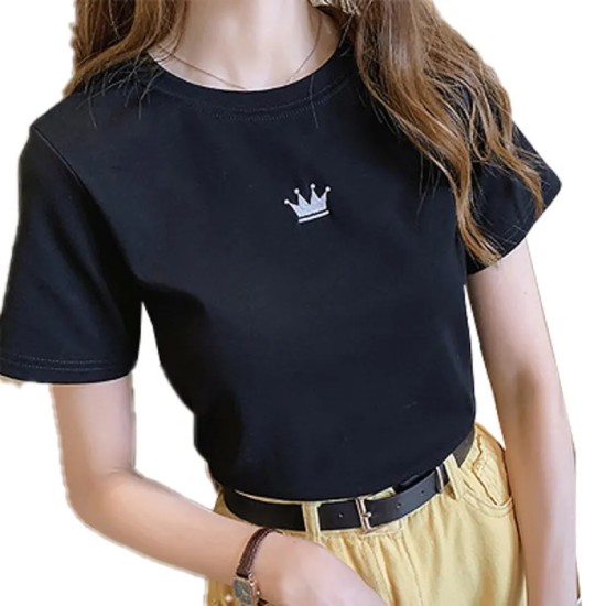 Women Fashion Casual Solid Color Embroidered Round Neck Short-Sleeve Slim-Fit T-Shirt