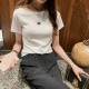 Women Fashion Casual Solid Color Embroidered Round Neck Short-Sleeve Slim-Fit T-Shirt