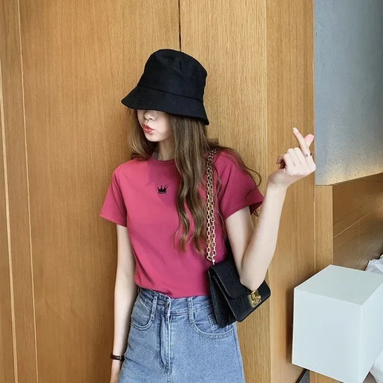 Women Fashion Casual Solid Color Embroidered Round Neck Short-Sleeve Slim-Fit T-Shirt