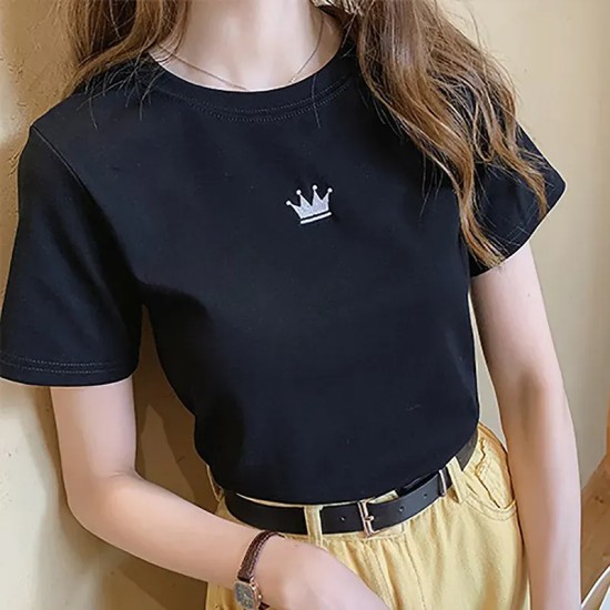 Women Fashion Casual Solid Color Embroidered Round Neck Short-Sleeve Slim-Fit T-Shirt