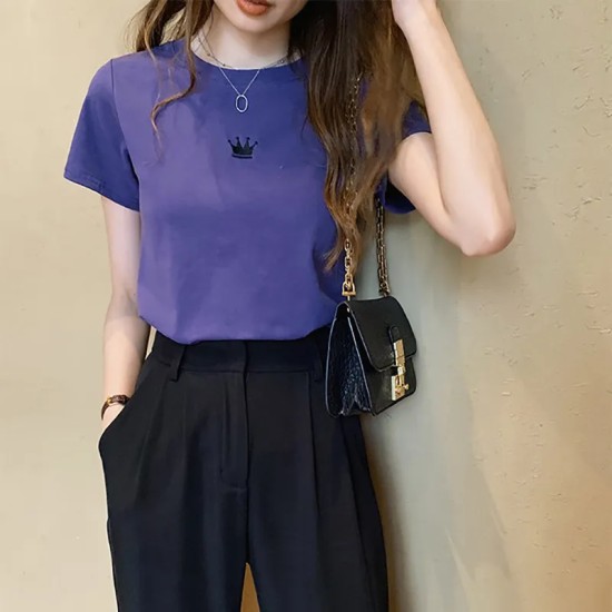 Women Fashion Casual Solid Color Embroidered Round Neck Short-Sleeve Slim-Fit T-Shirt