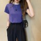 Women Fashion Casual Solid Color Embroidered Round Neck Short-Sleeve Slim-Fit T-Shirt