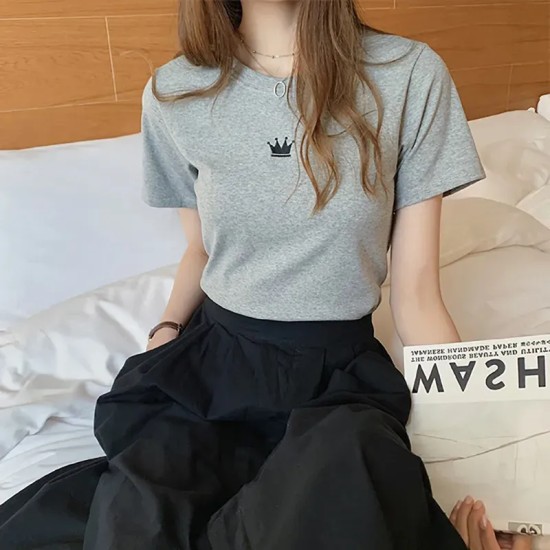 Women Fashion Casual Solid Color Embroidered Round Neck Short-Sleeve Slim-Fit T-Shirt