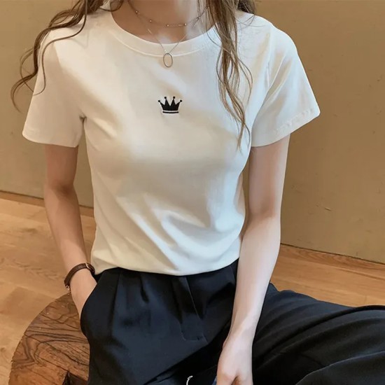 Women Fashion Casual Solid Color Embroidered Round Neck Short-Sleeve Slim-Fit T-Shirt