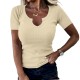 Women Fashion Casual Solid Color Thread Deep U Neck Short-Sleeve T-Shirt