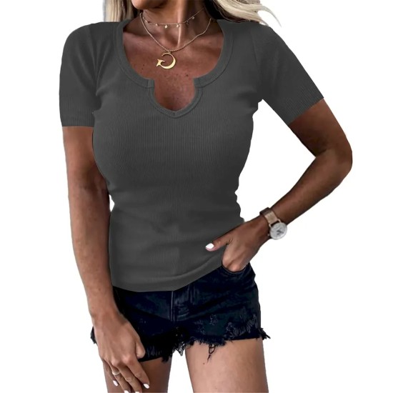 Women Fashion Casual Solid Color Thread Deep U Neck Short-Sleeve T-Shirt