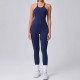 Women Fashion Sexy Solid Color Seamless Spaghetti Strap Backless Yoga Jumpsuit