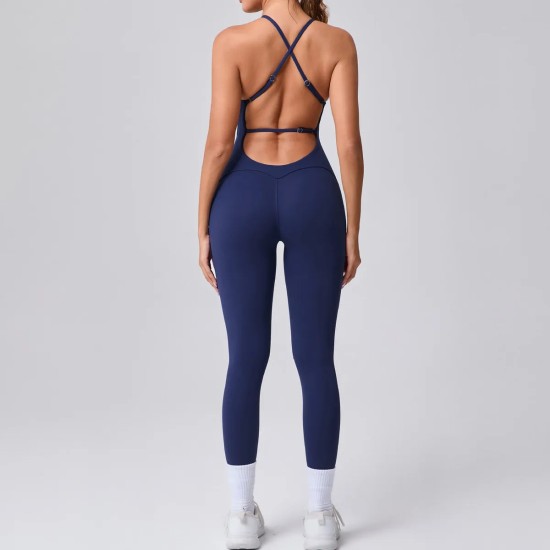 Women Fashion Sexy Solid Color Seamless Spaghetti Strap Backless Yoga Jumpsuit