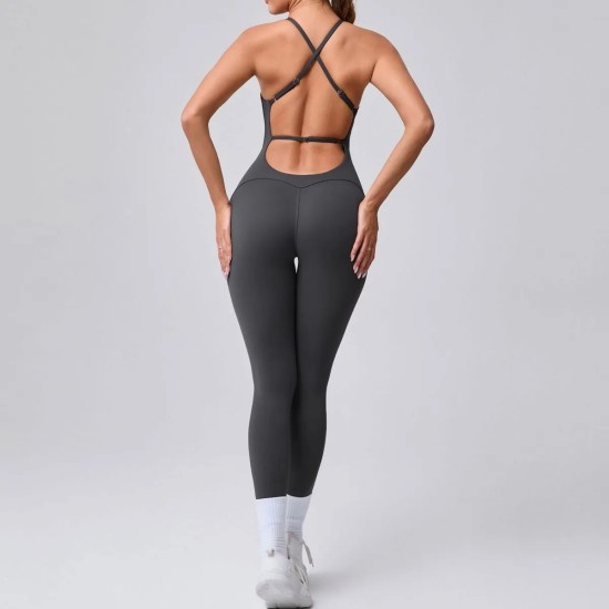 Women Fashion Sexy Solid Color Seamless Spaghetti Strap Backless Yoga Jumpsuit