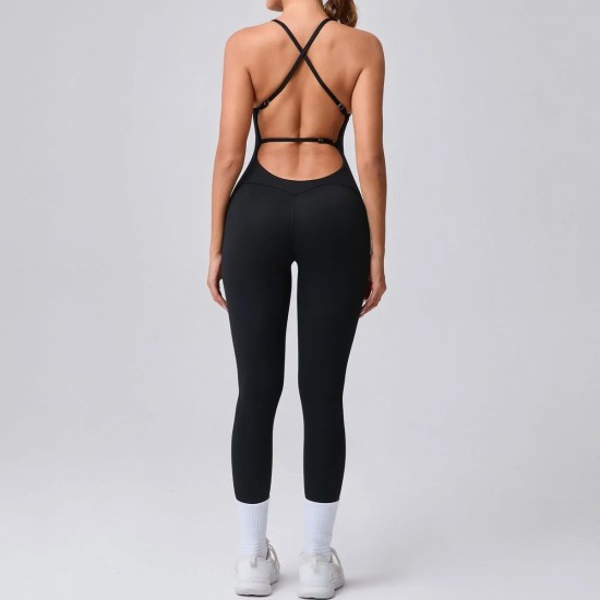 Women Fashion Sexy Solid Color Seamless Spaghetti Strap Backless Yoga Jumpsuit