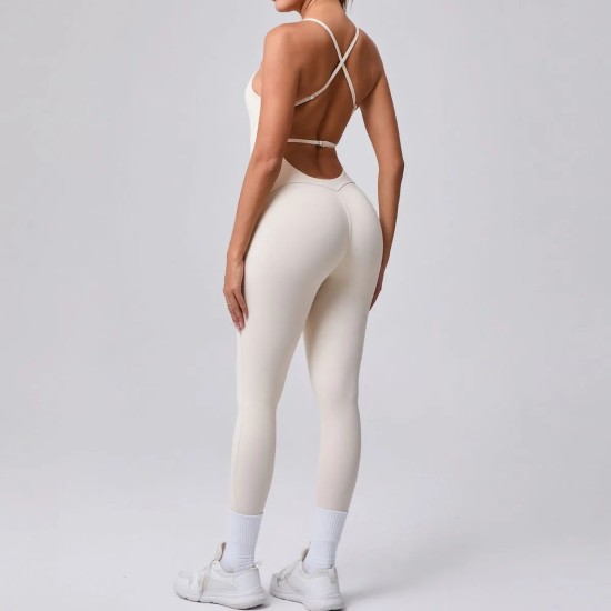 Women Fashion Sexy Solid Color Seamless Spaghetti Strap Backless Yoga Jumpsuit