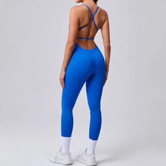 Women Fashion Sexy Solid Color Seamless Spaghetti Strap Backless Yoga Jumpsuit