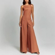 Women Fashion Sexy Solid Color Sleeveless Backless Loose Jumpsuits