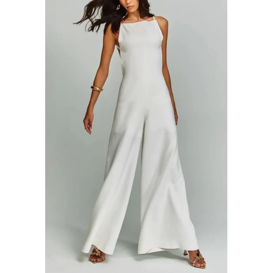 Women Fashion Sexy Solid Color Sleeveless Backless Loose Jumpsuits