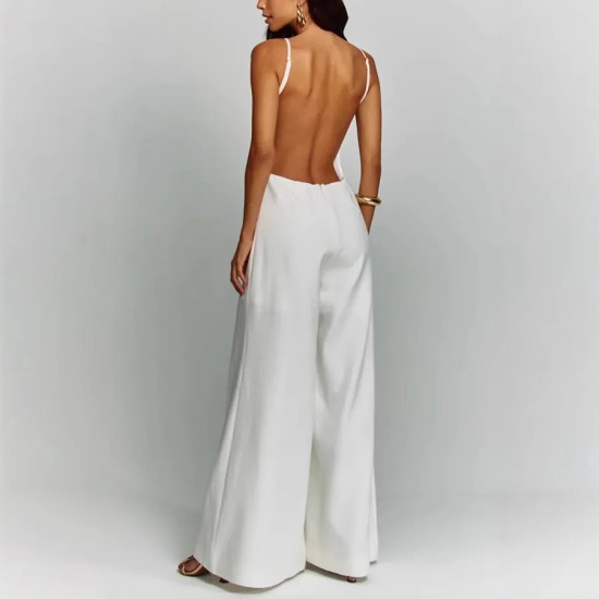 Women Fashion Sexy Solid Color Sleeveless Backless Loose Jumpsuits
