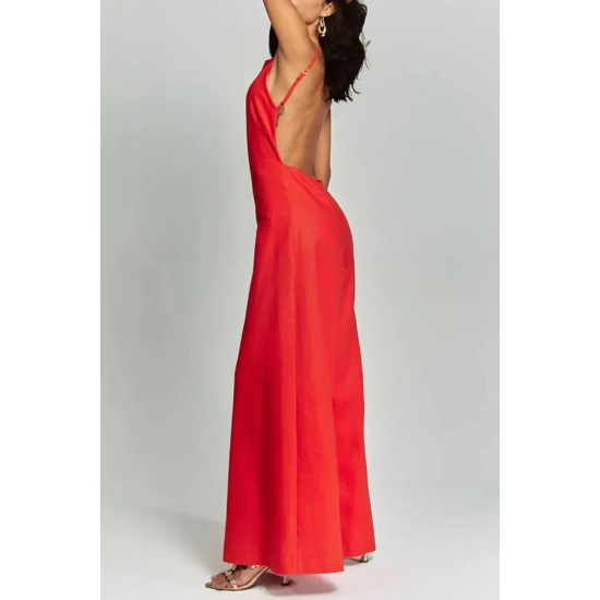 Women Fashion Sexy Solid Color Sleeveless Backless Loose Jumpsuits