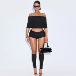 Women Sexy Off-Shoulder Lapel Top Tight Shorts Calf Socks Three-Piece Set