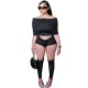 Women Sexy Off-Shoulder Lapel Top Tight Shorts Calf Socks Three-Piece Set
