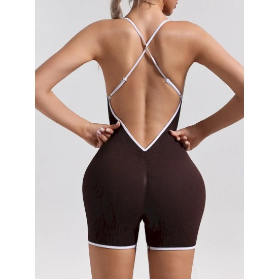 Women Contrast Sling Cross-Bend Quick-Dry Sports Hip Lifting Fitness Yoga Rompers