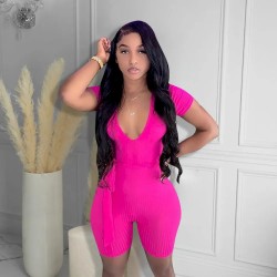 Women Fashion Sexy Solid Color Deep-V Neck Short-Sleeve Lace-Up Tight Rompers