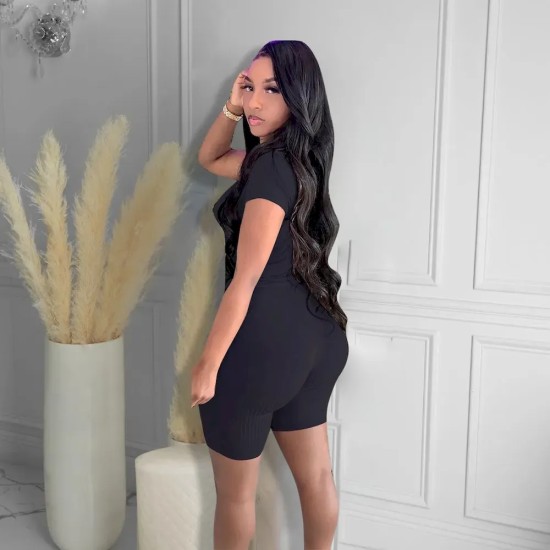 Women Fashion Sexy Solid Color Deep-V Neck Short-Sleeve Lace-Up Tight Rompers