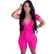 Women Fashion Sexy Solid Color Deep-V Neck Short-Sleeve Lace-Up Tight Rompers