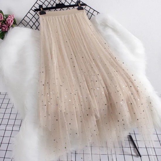 Women Fashion Irregular Star Sequin Mesh Skirt