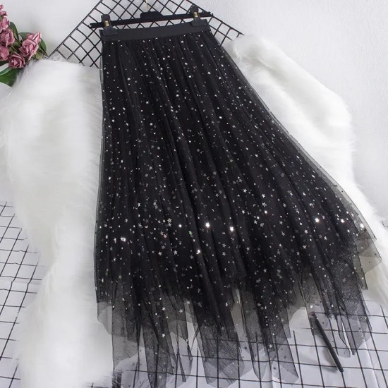 Women Fashion Irregular Star Sequin Mesh Skirt