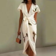 Women Fashion Casual Satin Printed V-Neck Short-Sleeve Lace-Up Dress