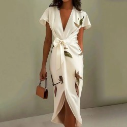 Women Fashion Casual Satin Printed V-Neck Short-Sleeve Lace-Up Dress