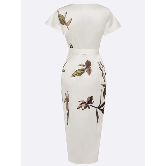 Women Fashion Casual Satin Printed V-Neck Short-Sleeve Lace-Up Dress