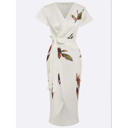 Women Fashion Casual Satin Printed V-Neck Short-Sleeve Lace-Up Dress