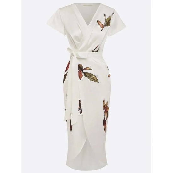 Women Fashion Casual Satin Printed V-Neck Short-Sleeve Lace-Up Dress