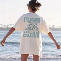 Women Fashion Casual Letter And Turtle Printed Round Neck Short-Sleeve T-Shirt