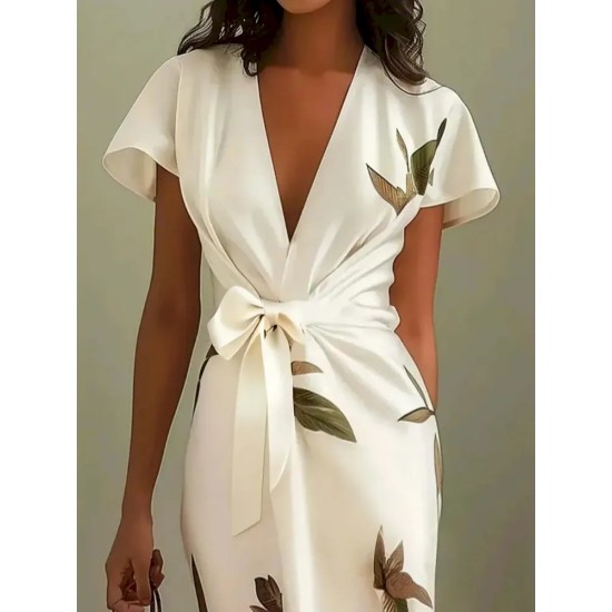 Women Fashion Casual Satin Printed V-Neck Short-Sleeve Lace-Up Dress