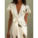 Women Fashion Casual Satin Printed V-Neck Short-Sleeve Lace-Up Dress
