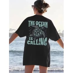 Women Fashion Casual Letter And Turtle Printed Round Neck Short-Sleeve T-Shirt