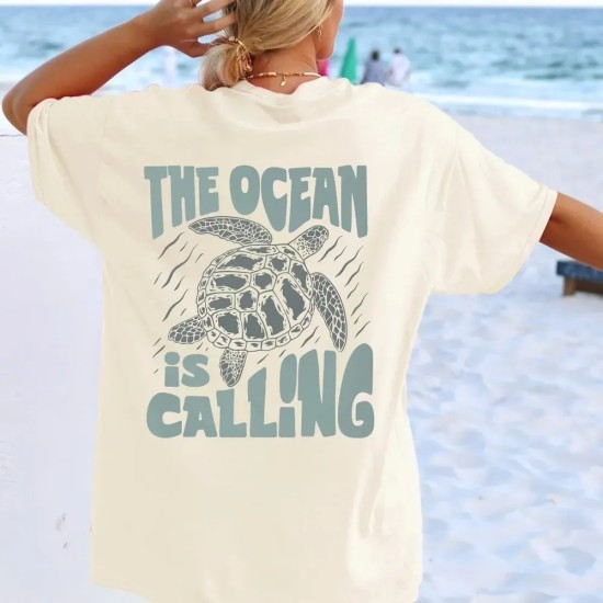 Women Fashion Casual Letter And Turtle Printed Round Neck Short-Sleeve T-Shirt