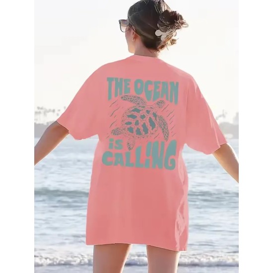 Women Fashion Casual Letter And Turtle Printed Round Neck Short-Sleeve T-Shirt