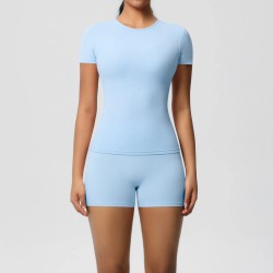 Women Fashion Casual Solid Color Short-Sleeve T-Shirt Tight Shorts Yoga Sports Two-Piece Set