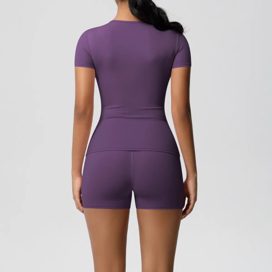Women Fashion Casual Solid Color Short-Sleeve T-Shirt Tight Shorts Yoga Sports Two-Piece Set