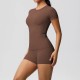 Women Fashion Casual Solid Color Short-Sleeve T-Shirt Tight Shorts Yoga Sports Two-Piece Set