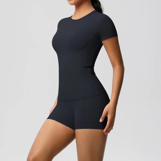 Women Fashion Casual Solid Color Short-Sleeve T-Shirt Tight Shorts Yoga Sports Two-Piece Set