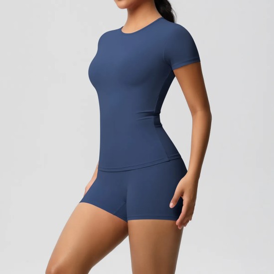 Women Fashion Casual Solid Color Short-Sleeve T-Shirt Tight Shorts Yoga Sports Two-Piece Set